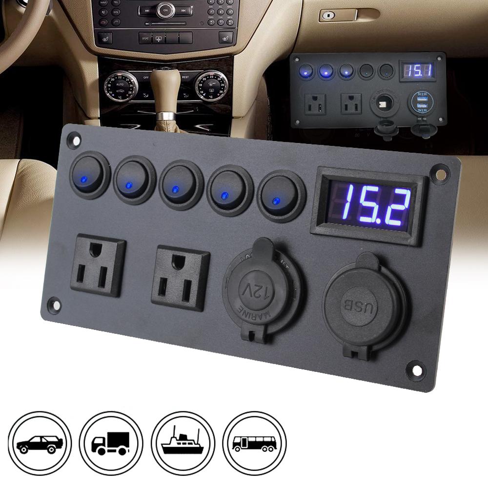 LED Digital Voltmeter 5 Gang Toggle Switch 12V/24V ON-OFF Button Cigarette Lighter For Car Marine Dual USB Port with US Plug Socket Car Switch Panel