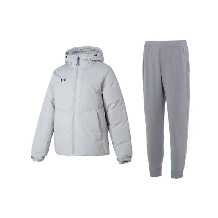 Under Armour Solid Color Casual Hooded Down Jacket Breathable Casual Knitted Sports Pants Unisex Sports Set 23600801-009+23600704-014