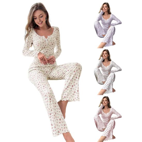 Women's Long Sleeve Pajama Set Ruffle Trim V Neck Crop Top And Wide Leg Pants Sleepwear Set Floral Print 2 Piece Pjs Set