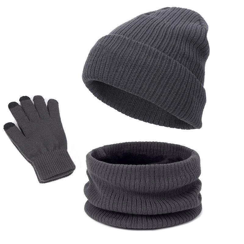 Men's and Women's Knit Pullover Hat Set: Autumn/Winter Velvet-Lined Warm Hat, Scarf, Gloves