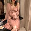 Ice Silk With Bra Women Robe Set Sexy Silk Pajamas Summer Nightgown Home Clothes