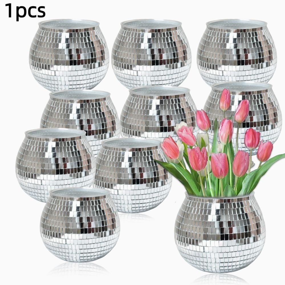 Silver Mirror Glass Flower Vase Home Decoration Disco Ball Plant Holder Plant Planting Pot Home