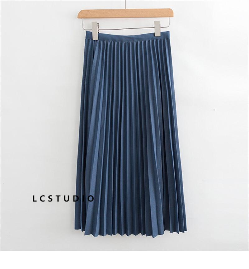 Qooth Elegant A Line Pleated Skirt Spring Summer Long Skirt Women Casual High Waisted Maxi Skirts JM0001