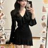 Spring French Elegant Black Y2k Mini Dress Caual Long Sleeve Short Party Dress Office Lady Slim Pure Color Dress Woman Chic