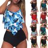 Women's Split Fashion Print Double Ruffle Backless Swimming Costume With Bra Pads And No Steel Bra