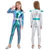 Kids Alien Cosplay Costume Long Sleeve Shiny Metallic Bodysuit Full Body Jumpsuit Dress Up Outfit for Halloween Party Performances