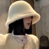 Simple White Plush Bucket Hat Women's Autumn and Winter Face Small Knitted Hat Warm Big Head Circumference Basin Hat Tide