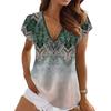 Fashion Short Sleeve V Neck Printed Gradient Color Women Pullover T Shirt Blouse Top