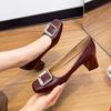 Square Head High Heels Thick Heel Temperament Not Tired Feet 2025 New Spring and Autumn Large Size Women's Shoes Metal Square Buckle French Single Sho