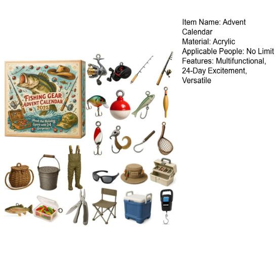 Fishing Gear Advent Calendar 2025 24 Day Countdown Box with Acrylic Ornaments Multifunctional Christmas Tree Decor for Anglers