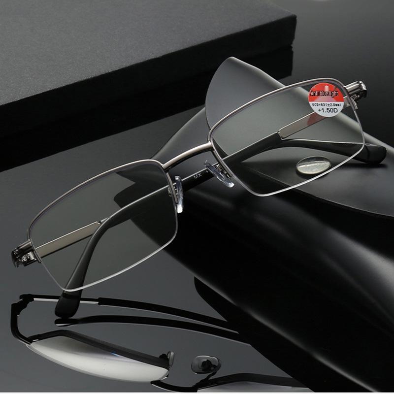 New Men's Simple Metal Half-Frame Reading Glasses with Anti-Blue Light