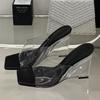 Summer Fashion Design Crystal Wedges Heels Women Slippers PVC Transparent Square Toe Party Female Shoes