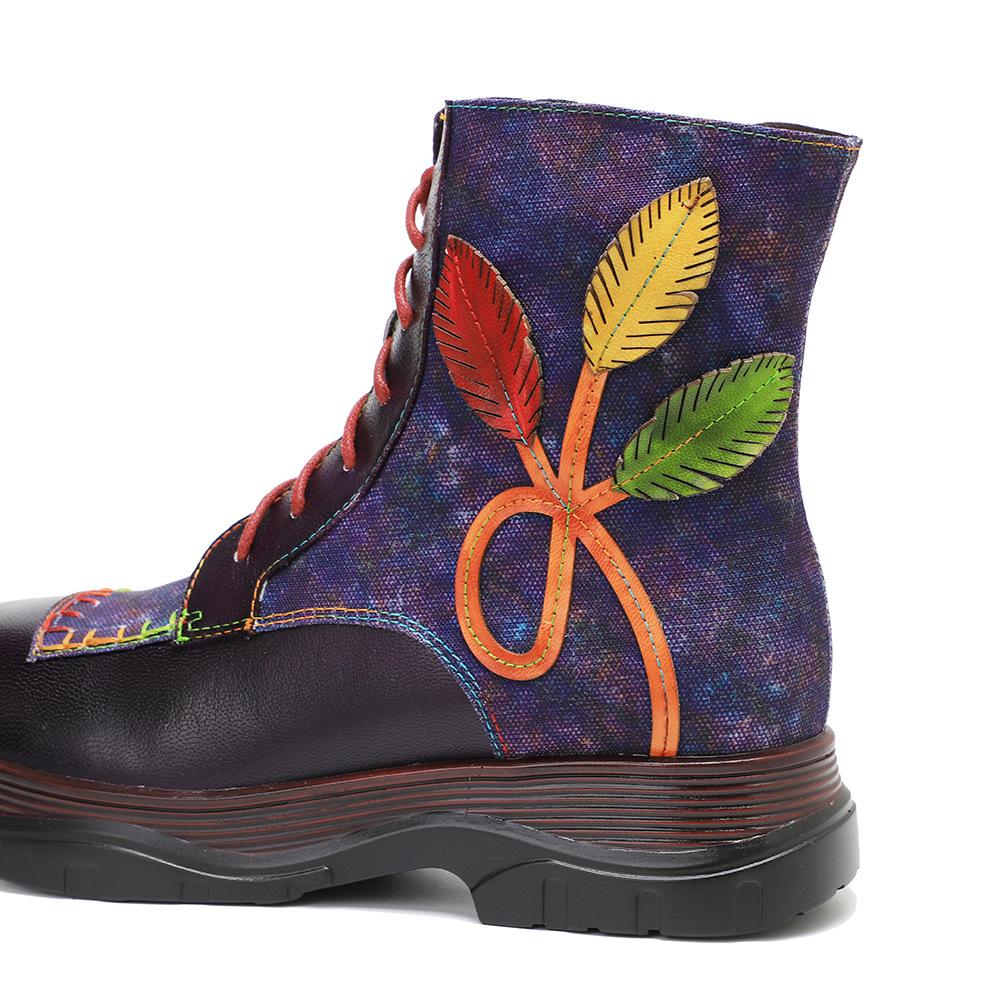 Johnature Genuine Leather Retro Shoes Women Boots Round Toe Floral Sewing Concise Handmade Ankle Platform Boots