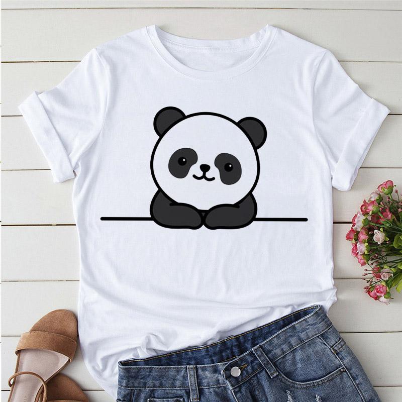 Aesthetics Cute Panda Print Women Basic Tees Cartoon Top O-Neck Simple Tee Short Sleeve T-Shirt Ladies Tees Graphic White Tshirt