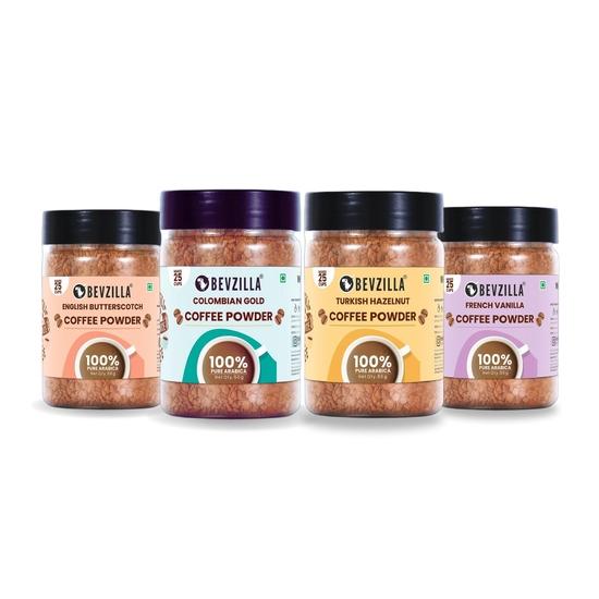 Bevzilla 50 Grams X 4 Flavoured Instant Coffee Powder Pack Box of Colombian Gold, Hazelnut, Vanilla & Butterscotch | Arabica Beans
