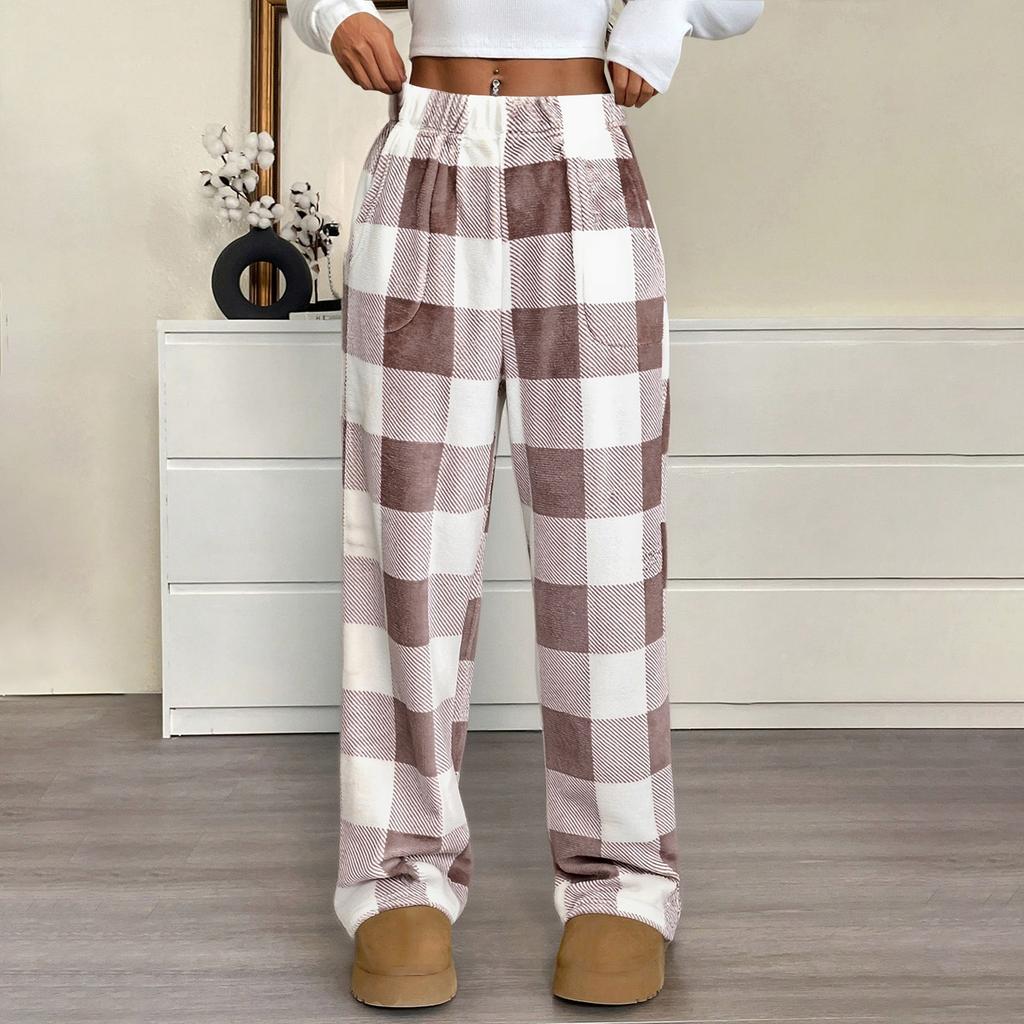 Women Pajama Pants Plush Sleep Pants Soft Elastic Waist Pajama Bottoms Plaid Pants With 2 Pockets