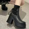 2024 New Ankle Modern Boots Cotton Fabric Lace FashionBlack Chunky High Heel Super High Platform Shoes for Women Spring Autumn