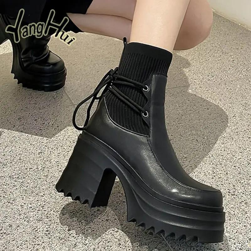 2024 New Ankle Modern Boots Cotton Fabric Lace FashionBlack Chunky High Heel Super High Platform Shoes for Women Spring Autumn