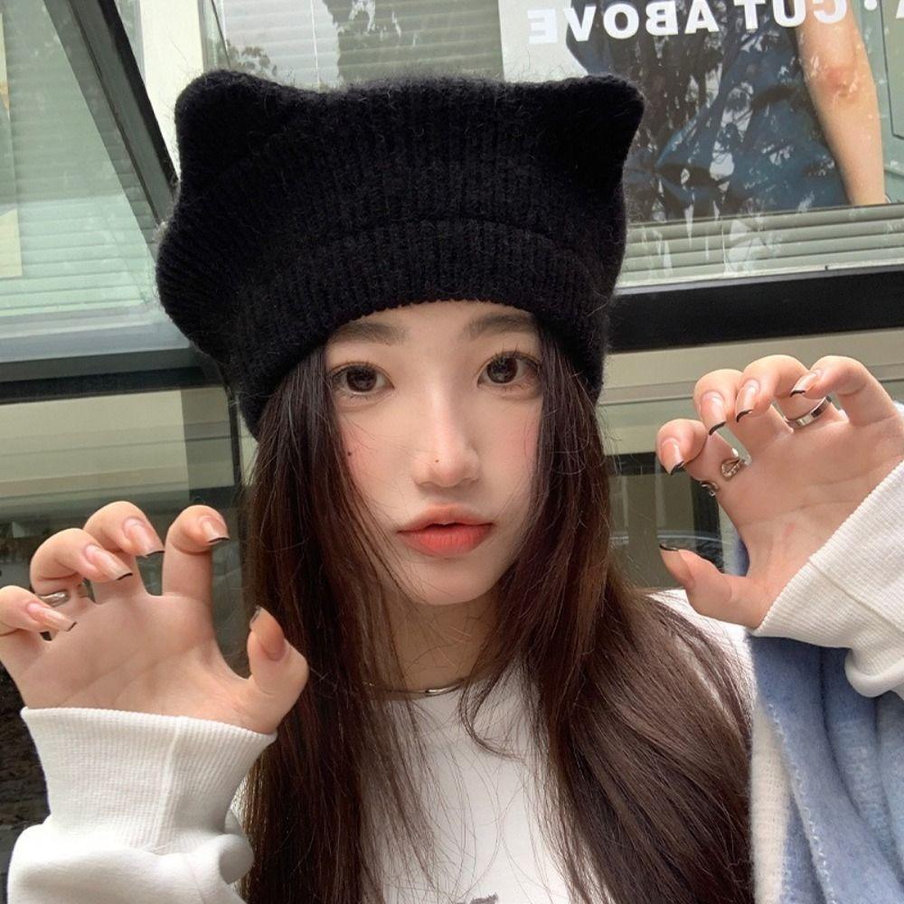 New Cat Ears Beanie Cap Solid Color Warm Beret Hat Knitted Crochet Bonnet