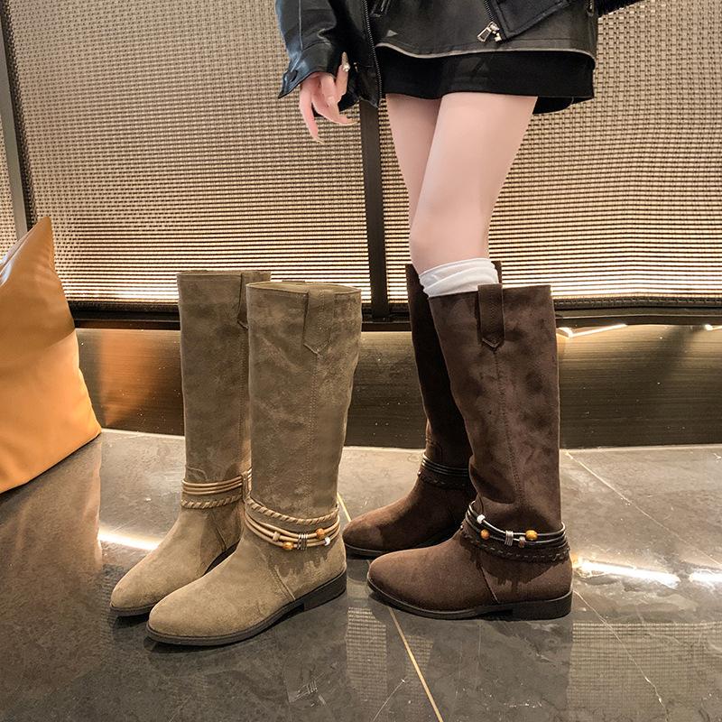 Cowhide Version~ Power Power Same Thick Heel Western Cowboy Boots Women's Retro Thin Long Tube Stacking Boots Tall Knight Boots