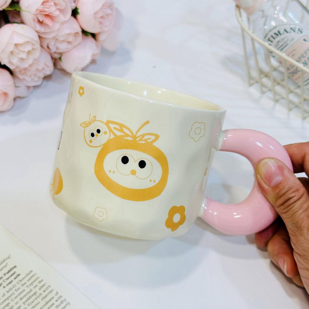 Small Gift Mug Ceramic Small Gift Box Cup Household Water Cup Ceramic Cup Small Orange with Lid Spoon