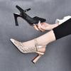 Pointed High-heeled Sandals Women's 2024 Summer New Rhinestone Mesh Bag Head Side Empty Rear Empty Sandals Buckle Fashion Shoes