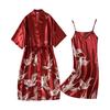 2 Pcs/Set Women Ice Silk Pajama Set Satin Printed V Neck Spaghetti Strap Loose Nightdress Half Sleeve Lace-up Waist Nightgown Lady Sleepwear