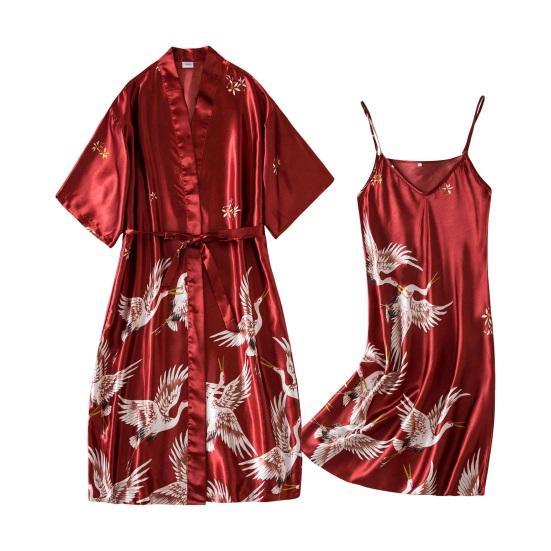 2 Pcs/Set Women Ice Silk Pajama Set Satin Printed V Neck Spaghetti Strap Loose Nightdress Half Sleeve Lace-up Waist Nightgown Lady Sleepwear