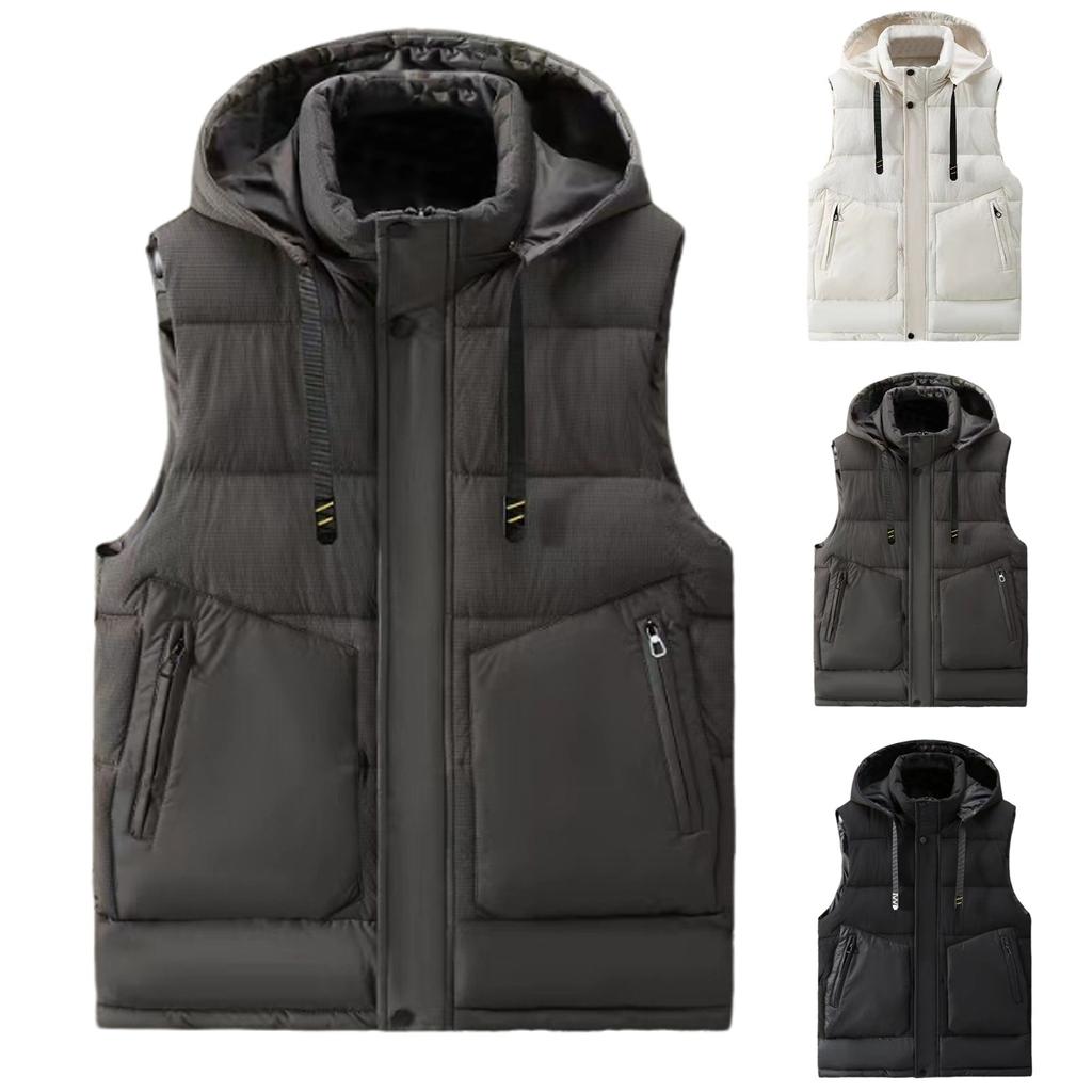 Men's Winter Trend Wear Loose Thick Down Cotton Clip Multi-pocket Solid Color Casual Hooded Vest Coat