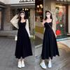 Plus Size Women's Black Spaghetti Strap Sleeveless Summer 2024 French Retro Waist-Hugging Mid-Length Dress