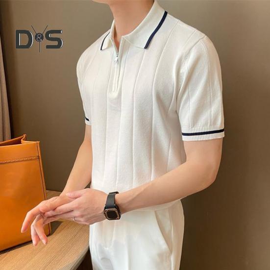 Men Summer Shirt Thin Knitted Short Sleeve Zippered Lapel Top Stretchy Hem Striped Solid Color Loose Shirt for Commuting Travel Outdoor