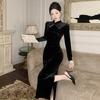 Women's Fashion Handmade Chain Velvet Cheongsam Split Dress