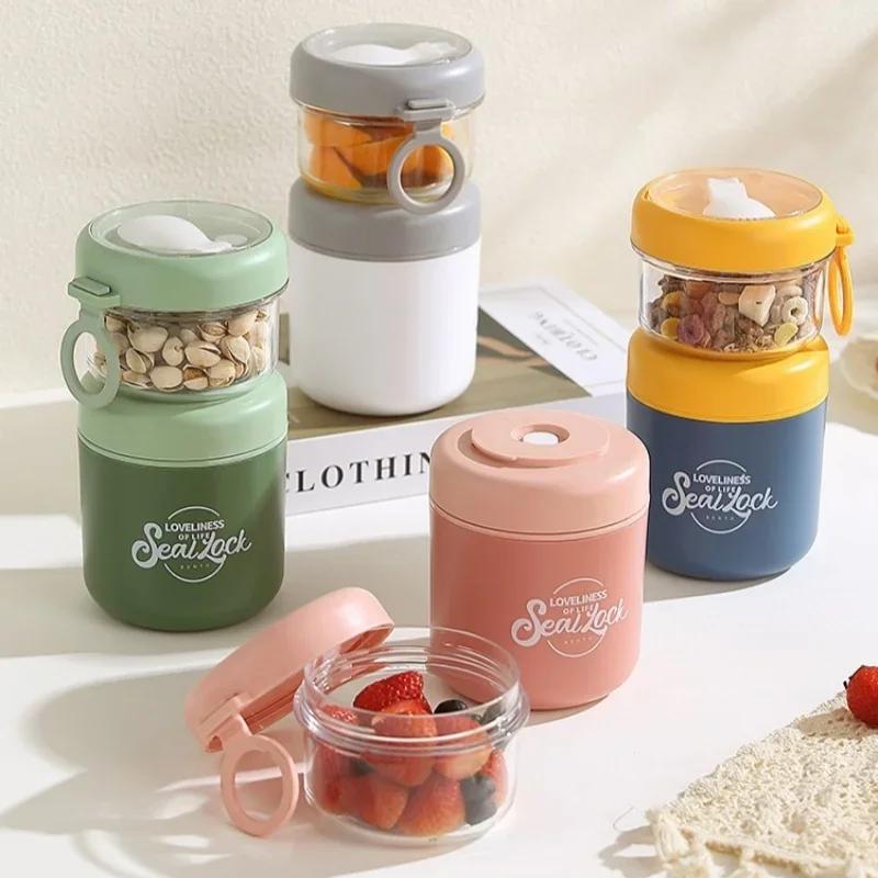 Double Layer Salad Cup Oatmeal Soup Cups with Spoon Stainless Steel Porridge Bowl Portable Office Worker Students Lunch Box