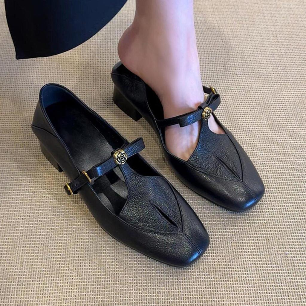 Sheepskin Version~ French Retro Hollow One-word Buckle Camellia Single Shoes Women's Versatile Leather Thick Heel Mary Jane Shoes