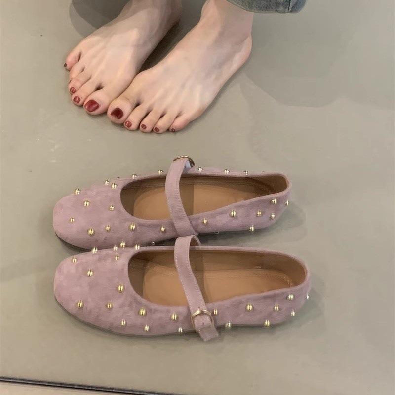 Gentle Fairy Mary Jane Shoes 2025 New Sweet Suede Rivets Square Head Shallow Mouth One-word Buckle Evening Shoes