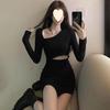 2025 Hot Girl Autumn: Women's Long-Sleeve Oblique Collar Dress with Hollow Design and Sexy Waist