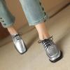 Fashion 2024 New Spring Genuine Leather Women Shoes Casual Lace-up Loafers Square Toe Oxford Shoes Pumps Sliver Ladies Shoes