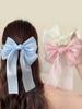 1 Pcs Pink Sweet Mesh Bow Streamer Elegant Hairpin With Tail,Spring Clip for Women,Ribbon Barrettes Headwear Hair Accessories