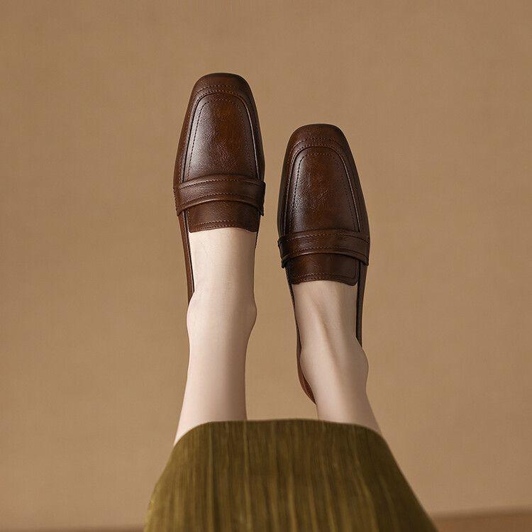 Women's Chunky Heel Retro Square Toe Loafers - Genuine Leather, Clearance, Spring/Autumn 2025