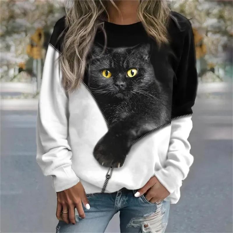 2023 Autumn New Women Round Neck Long Sleeve Fashion Casual Home High Quality Fabric Cute Cat Print Long Sleeve