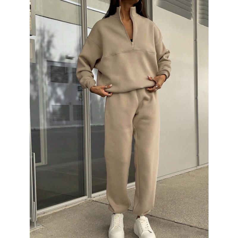 Women's Autumn and Winter Zipper Lapel Solid Colour Casual Two Piece Set