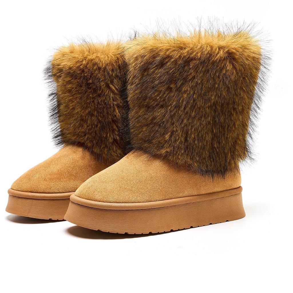 Autumn Winter Thick-soled Long-haired Cotton Slippers for Warmth, Mid-tube Snow Boots for Women