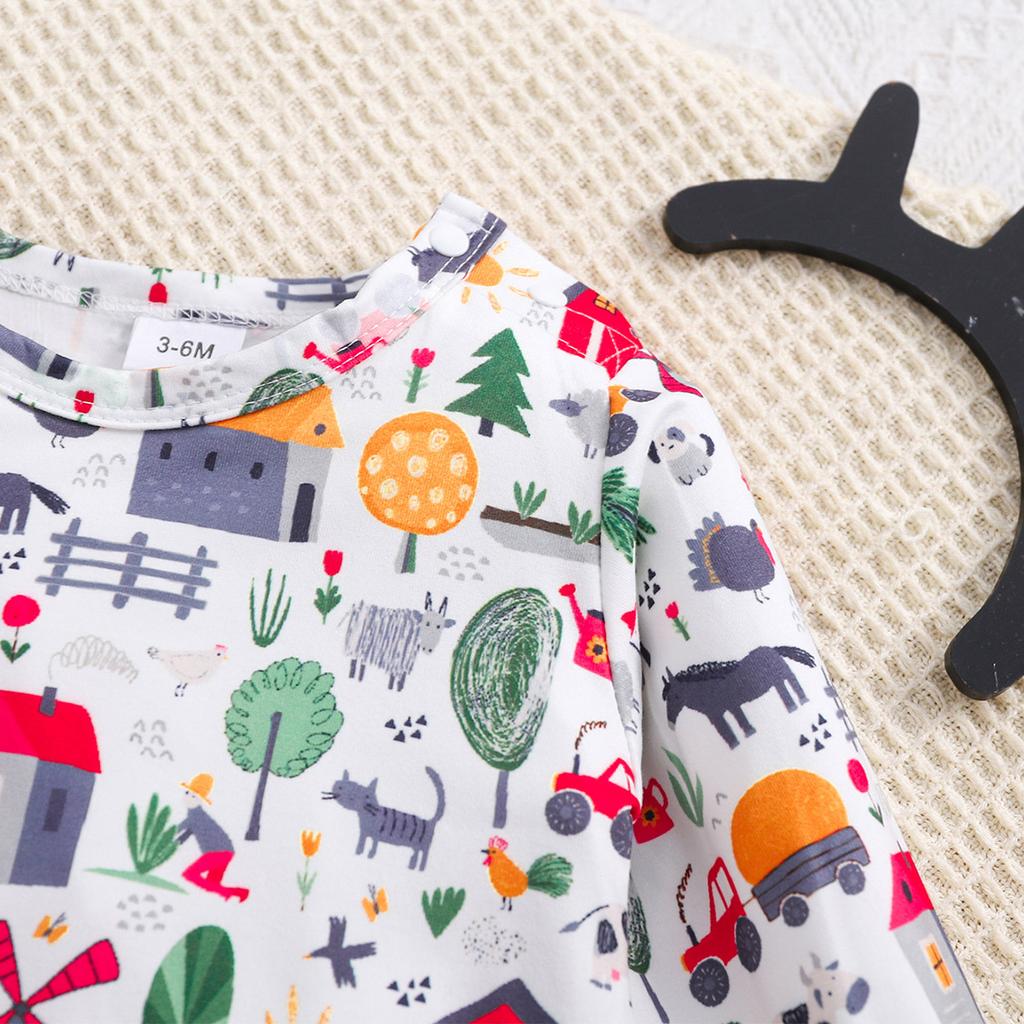 1-18 Months Infant Boy Farm Cute Pattern All-over Print Long Sleeve Romper