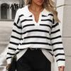 Autumn and Winter Women's Fashion Splicing Stripe POLO Neck Loose Large Size Knit Sweater