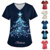Women's Fashion Christmas Printed Short Sleeve V-Neck Top Small Pocket Work T-Shirt