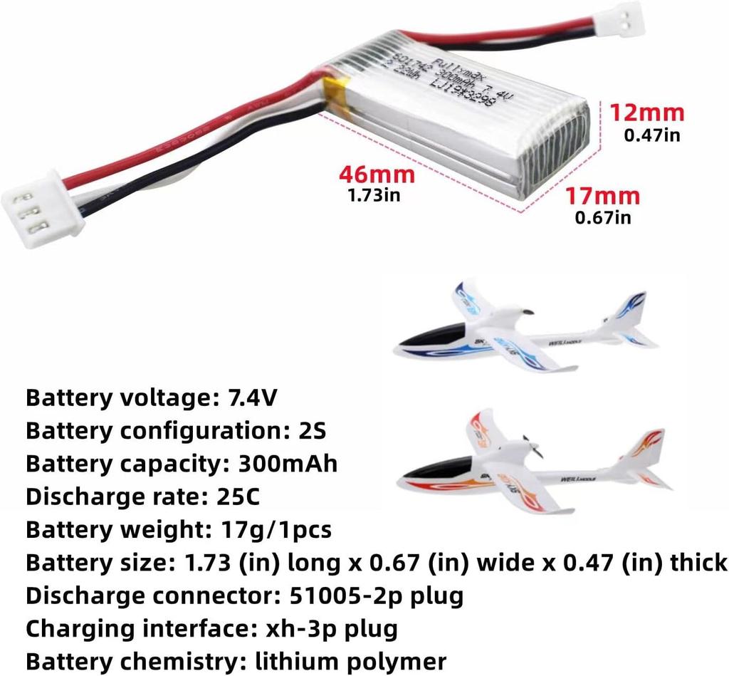 Set of 2 Lithium Batteries 7.4V 300mAh for WLToys F959, XK A600 | Extended Compatibility with RC Aircraft | Long-Lasting Performance, Silver