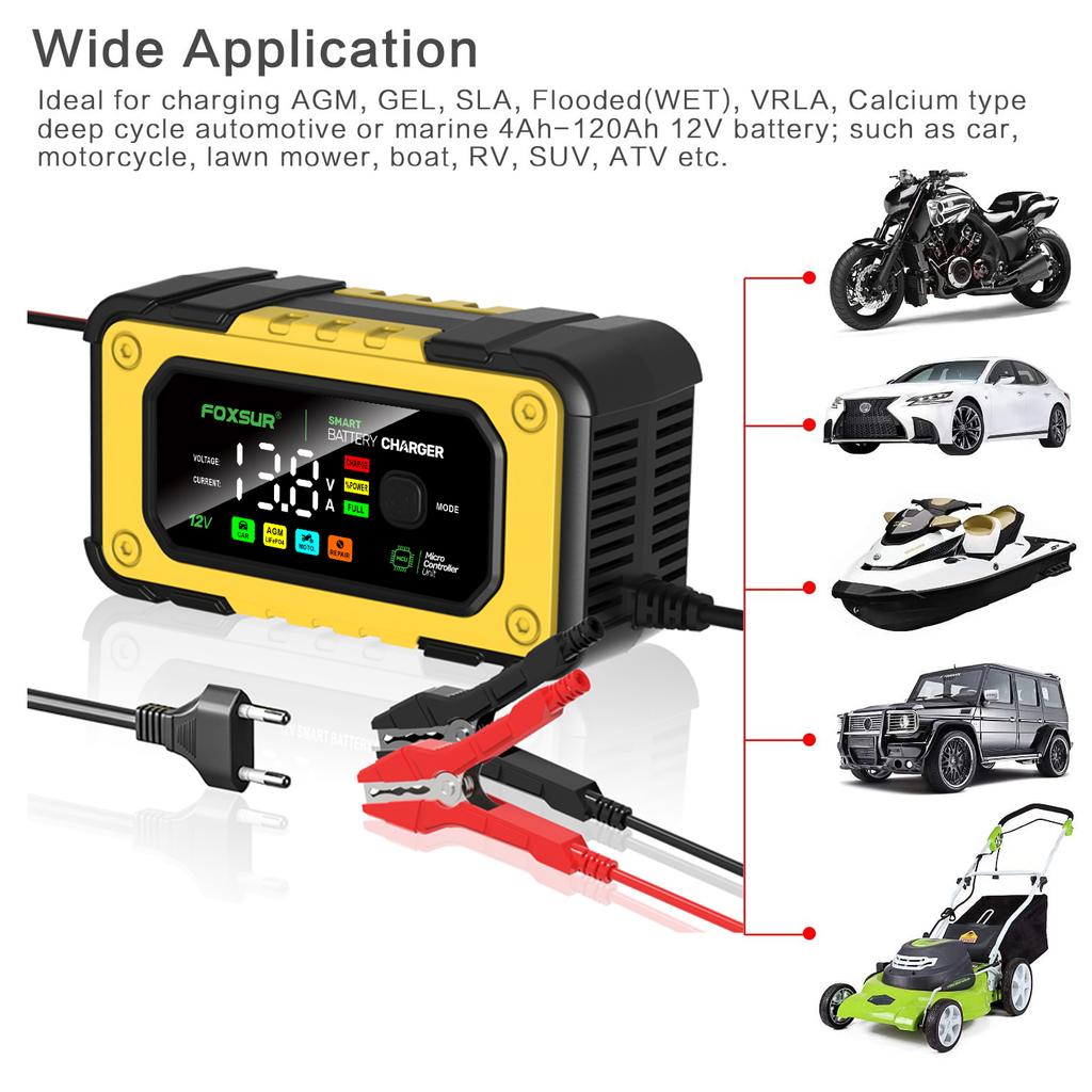 12V 7A Car Battery Charger Digital Battery Maintainer Color Screen Smart Fast Charge for Calcium Gel AGM Lead Acid Batteries