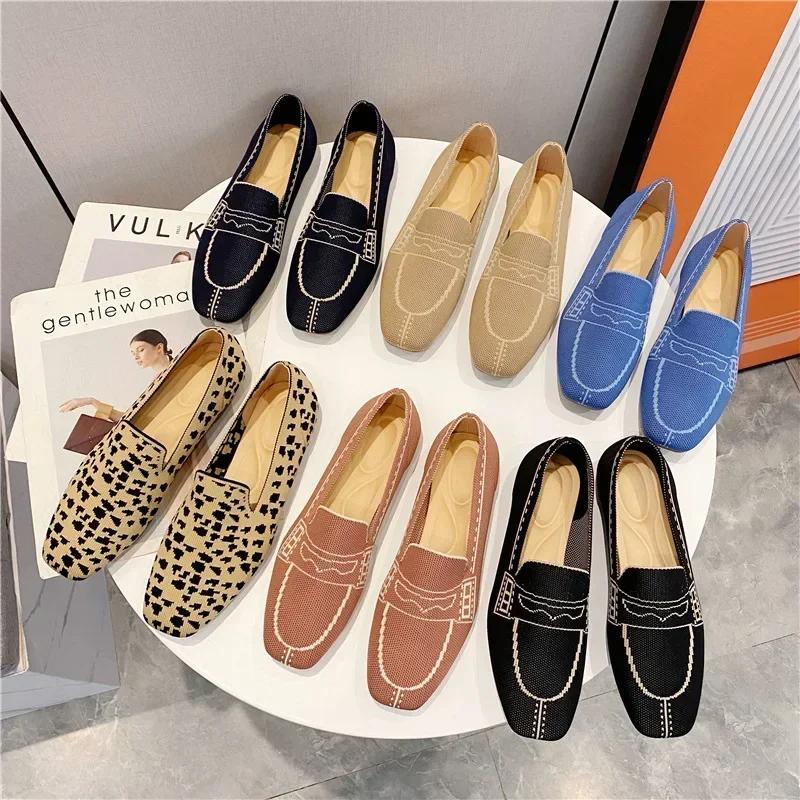 Weaving Princess Shoes Fashion Square Toe Casual Ballet Flats Shoes Women's Knitted Flat Bottom Soft Sole Walking Shoes 2024