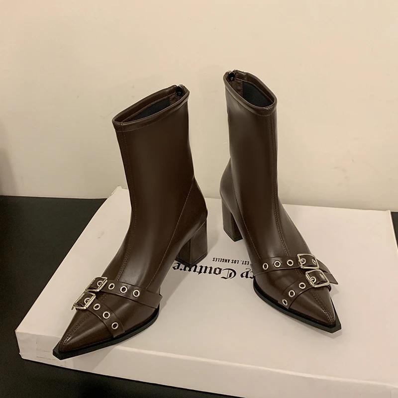 High Heeled Ankle Women's Boots 2024 New Pointed Velvet Sexy Women's Shoes Zipper Classic Japanese Boots Women's Boots Botas