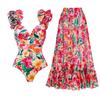 Floral Printed Shoulder Ruffle Swimwear With Cover Up Sexy Swim Suit Woman 2024 Biquini Luxury Swimsuit Beach Outing Bodysuit